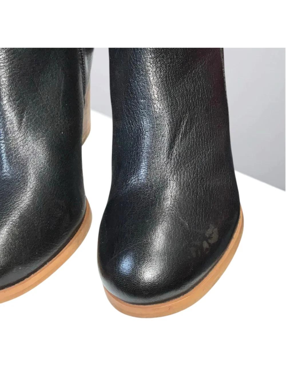 Diba Black Leather Zip Ankle Boots Buckle Strap Wood Look Wedge Heel Women Sz 8